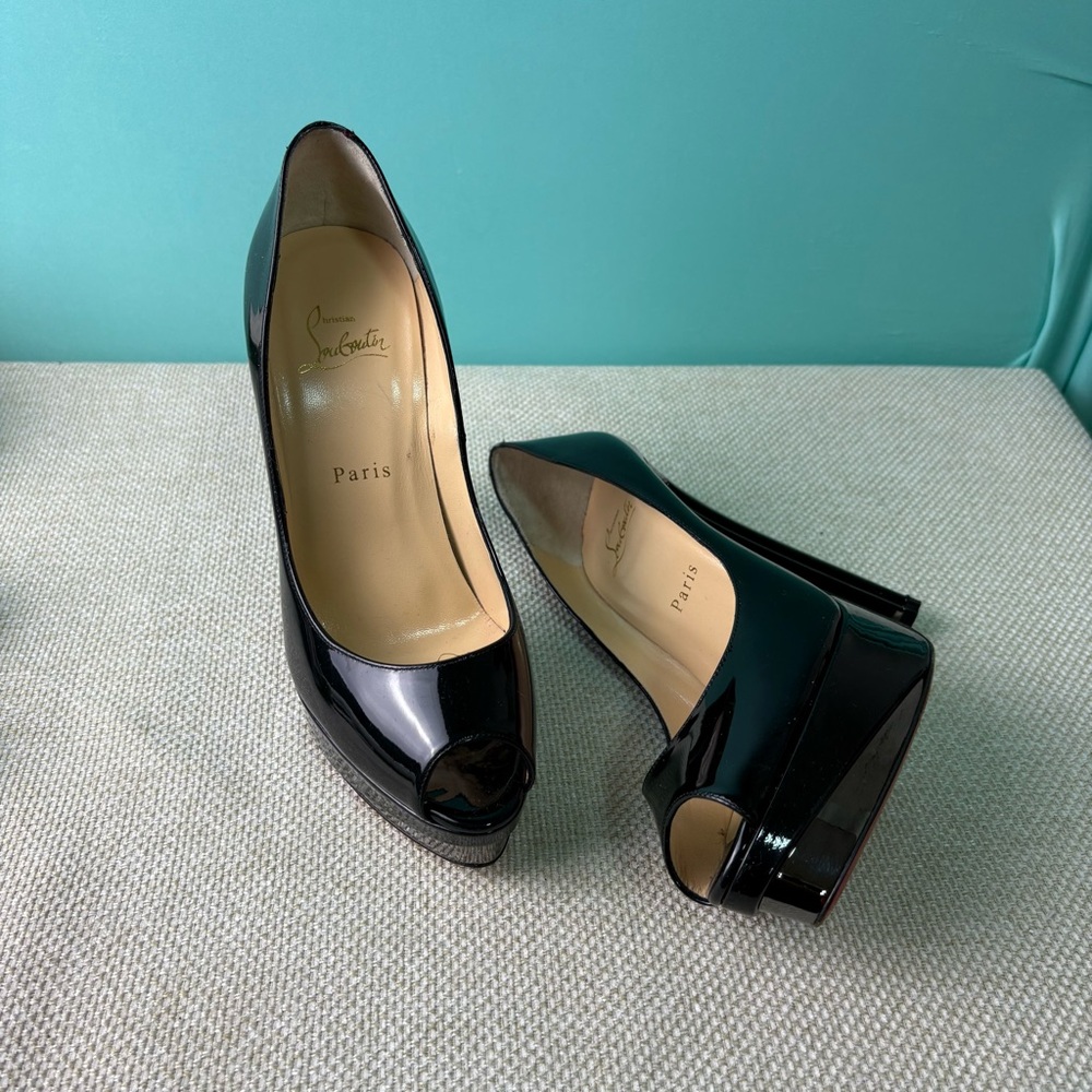 Christian Louboutin Black Patent Leather Lady Peep Pumps Size 39.5